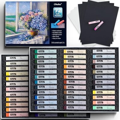 Ohuhu 72 Long Chalk Pastel Set: 72 Pastel Colors Chalk Markers For Artists 4 Fluorescent Colors With 6 Pastel Papers Included for Drawing Blending Layering Shading Pastels Set for Adults Beginners